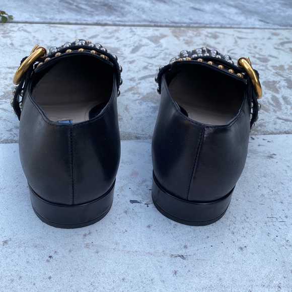 Prada Milano leather pointy toe studded fringe leather buckled flats black shoes - Picture 6 of 7